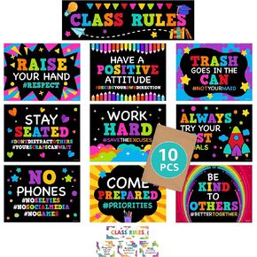 Decorably Class Rules Banner and Posters for Classroom, 10 Classroom Rules Poster Middle School, Class Rules Poster for Classroom, Rules for Classroom Rules Poster Elementary School