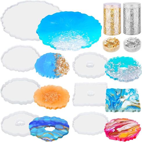 Resin Coaster Molds, Shynek Resin Molds Set with 6Pcs Geode Coaster Mold 1Pcs Silicone Resin Tray Molds Gold Foils Flakes Epoxy Resin Molds for Resin Casting in Saudi Arabia