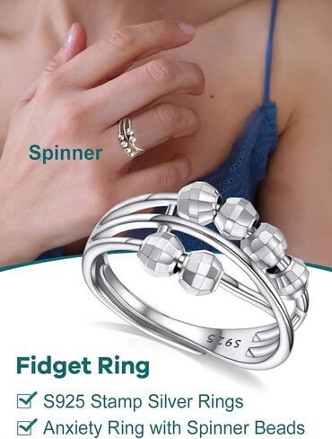 Supcare القلق الدائري للنساء التراص الدائري تململ مجوهرات قابل للتعديل خواتم الإبهام مع الخرز الدوار تململ الدائري المرأة مجوهرات الفضة الاسترليني in Kuwait