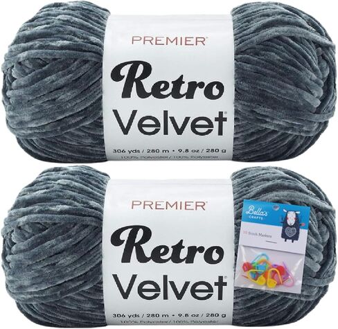 Premier Yarns Retro Velvet Yarn - Big Ball 9.8 Oz - 2 Pack Bundle with Bella's Crafts Stitch Markers (Almond) in Kuwait
