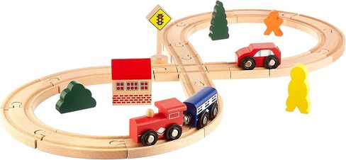 مجموعة السكك الحديدية الشكل 8، 28 قطعة - مجموعة مسارات قطار خشبية مع سيارات القطارات وقطع المدينة والأشخاص والمسارات - متوافقة مع قطارات الألعاب الخشبية الرئيسية - الألعاب والألعاب والهوايات والأنشطة لمتعة العائلة in Kuwait