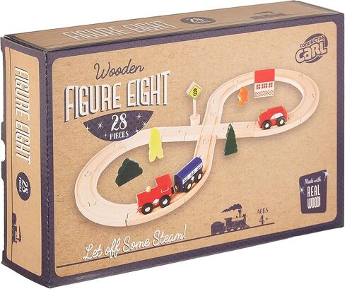 مجموعة السكك الحديدية الشكل 8، 28 قطعة - مجموعة مسارات قطار خشبية مع سيارات القطارات وقطع المدينة والأشخاص والمسارات - متوافقة مع قطارات الألعاب الخشبية الرئيسية - الألعاب والألعاب والهوايات والأنشطة لمتعة العائلة in Kuwait