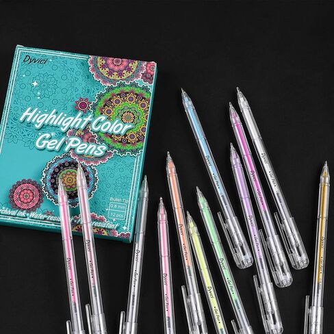 أقلام تلوين تسليط الضوء من Dyvicl، أقلام حبر هلامية ذات نقاط دقيقة مقاس 0.8 مم لرسم الورق الأسود، والرسم، والتوضيح، وتلوين البالغين، واليوميات، مجموعة من 12 قطعة in Kuwait