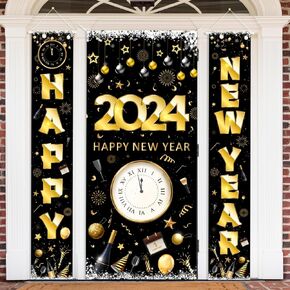 2024 Happy New Year Banner Set 3pcs New Years Eve Party Supplies 2024 Gold Black NYE Door Cover for Home Indoor Outdoor Porch Wall New Year Party Lunar New Year Party Decorations in Kuwait