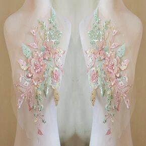 1 Pairs Three Dimensional Embroidery Hot Drill Sequin Nail Bead Lace Flower Piece Manual DIY Applique Clothing Patch Decorative Lace Accessories (Green/Pink)