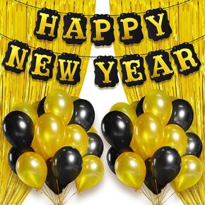 كاتش اون لافتة زينة بعبارة Happy New Year - عبوة من 20 قطعة، متينة | ستارة بشراشيب من رقائق معدنية ذهبية وبالونات لاتكس | رائعة لمستلزمات تزيين خلفية حفلات ليلة رأس السنة | ديكور المكتب المنزلي in Saudi Arabia