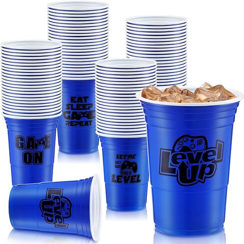 48 Pcs Disposable Video Game Party Plastic Cups, 16 oz Blue Video Game Party Favors Plastic Stadium Cups, Hot Cold Drinks for Kids Gamer Birthday Video Game Party Decorations, 4 Design in Saudi Arabia