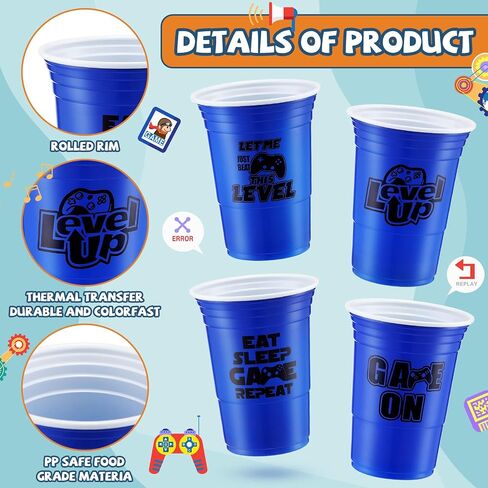 48 Pcs Disposable Video Game Party Plastic Cups, 16 oz Blue Video Game Party Favors Plastic Stadium Cups, Hot Cold Drinks for Kids Gamer Birthday Video Game Party Decorations, 4 Design in Saudi Arabia