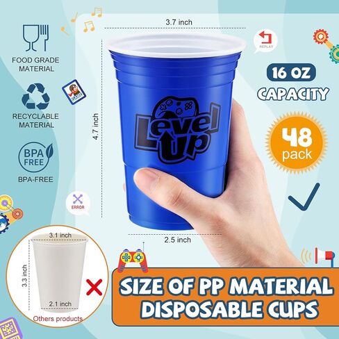 48 Pcs Disposable Video Game Party Plastic Cups, 16 oz Blue Video Game Party Favors Plastic Stadium Cups, Hot Cold Drinks for Kids Gamer Birthday Video Game Party Decorations, 4 Design in Saudi Arabia