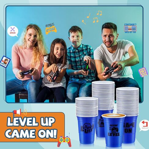 48 Pcs Disposable Video Game Party Plastic Cups, 16 oz Blue Video Game Party Favors Plastic Stadium Cups, Hot Cold Drinks for Kids Gamer Birthday Video Game Party Decorations, 4 Design in Saudi Arabia