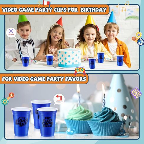 48 Pcs Disposable Video Game Party Plastic Cups, 16 oz Blue Video Game Party Favors Plastic Stadium Cups, Hot Cold Drinks for Kids Gamer Birthday Video Game Party Decorations, 4 Design in Saudi Arabia