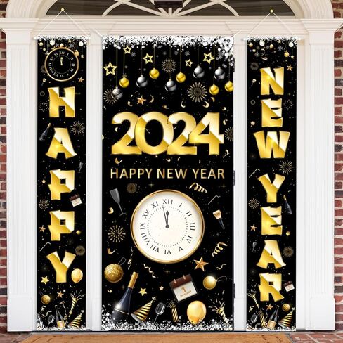 2024 Happy New Year Banner Set 3pcs New Years Eve Party Supplies 2024 Gold Black NYE Door Cover for Home Indoor Outdoor Porch Wall New Year Party Lunar New Year Party Decorations in Kuwait