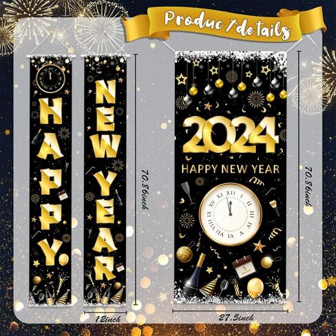 2024 Happy New Year Banner Set 3pcs New Years Eve Party Supplies 2024 Gold Black NYE Door Cover for Home Indoor Outdoor Porch Wall New Year Party Lunar New Year Party Decorations in Kuwait