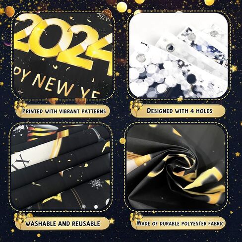 2024 Happy New Year Banner Set 3pcs New Years Eve Party Supplies 2024 Gold Black NYE Door Cover for Home Indoor Outdoor Porch Wall New Year Party Lunar New Year Party Decorations in Kuwait