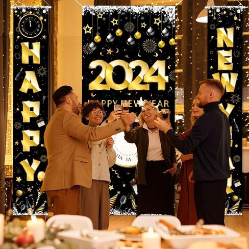 2024 Happy New Year Banner Set 3pcs New Years Eve Party Supplies 2024 Gold Black NYE Door Cover for Home Indoor Outdoor Porch Wall New Year Party Lunar New Year Party Decorations in Kuwait