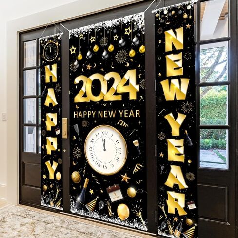 2024 Happy New Year Banner Set 3pcs New Years Eve Party Supplies 2024 Gold Black NYE Door Cover for Home Indoor Outdoor Porch Wall New Year Party Lunar New Year Party Decorations in Kuwait