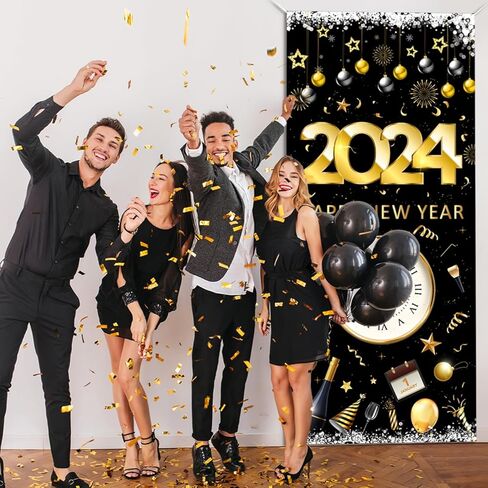 2024 Happy New Year Banner Set 3pcs New Years Eve Party Supplies 2024 Gold Black NYE Door Cover for Home Indoor Outdoor Porch Wall New Year Party Lunar New Year Party Decorations in Kuwait