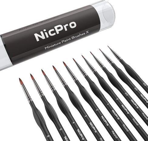 Nicpro Micro Detail Paint Brush Set,10 Small Professional Miniature Fine Detail Brushes for Watercolor Oil Acrylic, Nail Art, Models Rock Painting kit, Figures, Paint by Number -Come with Holder & Bag in Kuwait
