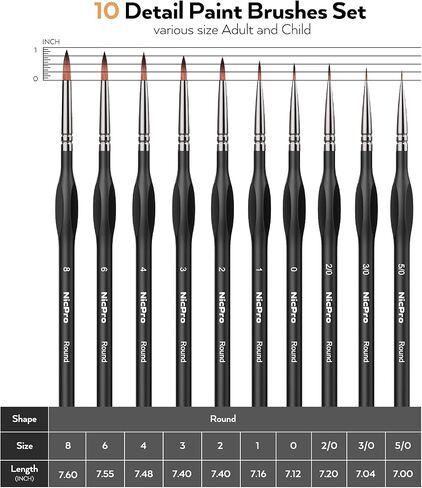 Nicpro Micro Detail Paint Brush Set,10 Small Professional Miniature Fine Detail Brushes for Watercolor Oil Acrylic, Nail Art, Models Rock Painting kit, Figures, Paint by Number -Come with Holder & Bag in Kuwait