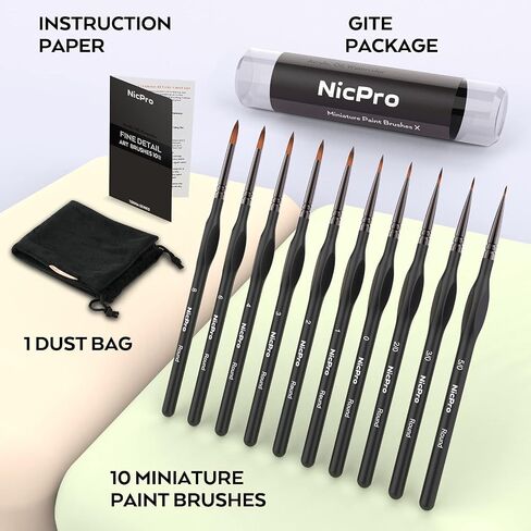 Nicpro Micro Detail Paint Brush Set,10 Small Professional Miniature Fine Detail Brushes for Watercolor Oil Acrylic, Nail Art, Models Rock Painting kit, Figures, Paint by Number -Come with Holder & Bag in Kuwait