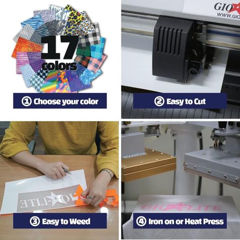 تي شيرت GIO-FLEX عاكس للحرارة من الفينيل مقاس 25.4 سم × 30.48 سم - 17 نمط ملون HTV لاصق بالكي على النقل بتصميم DIY متوافق مع آلة الضغط الحراري Cricut وSilhouette Cameo سهلة قطع الأعشاب in Kuwait