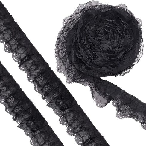 BENECREAT 10 Yards 3-Layer Pleated Chiffon Flower Lace Trim, Black Organza Lace Edge Trim Polyester Ribbon for Jewelry Making, Garment Accessories, 2-1/2 inch Wide in Saudi Arabia