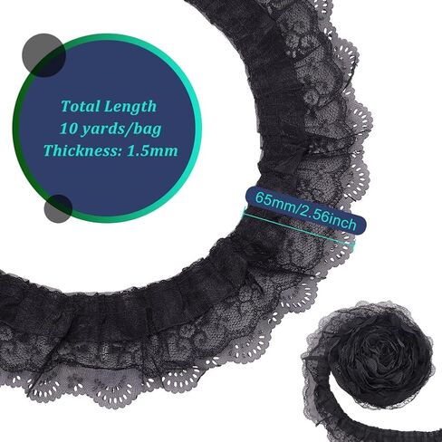 BENECREAT 10 Yards 3-Layer Pleated Chiffon Flower Lace Trim, Black Organza Lace Edge Trim Polyester Ribbon for Jewelry Making, Garment Accessories, 2-1/2 inch Wide in Saudi Arabia