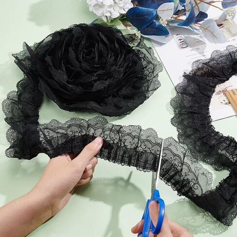 BENECREAT 10 Yards 3-Layer Pleated Chiffon Flower Lace Trim, Black Organza Lace Edge Trim Polyester Ribbon for Jewelry Making, Garment Accessories, 2-1/2 inch Wide in Saudi Arabia
