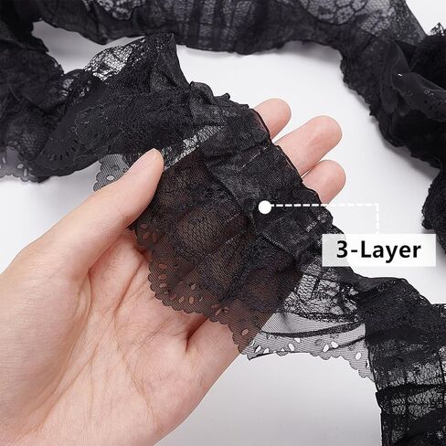 BENECREAT 10 Yards 3-Layer Pleated Chiffon Flower Lace Trim, Black Organza Lace Edge Trim Polyester Ribbon for Jewelry Making, Garment Accessories, 2-1/2 inch Wide in Saudi Arabia