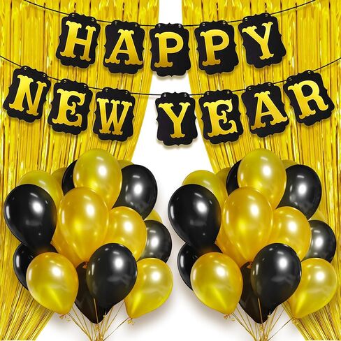 كاتش اون لافتة زينة بعبارة Happy New Year - عبوة من 20 قطعة، متينة | ستارة بشراشيب من رقائق معدنية ذهبية وبالونات لاتكس | رائعة لمستلزمات تزيين خلفية حفلات ليلة رأس السنة | ديكور المكتب المنزلي in Saudi Arabia