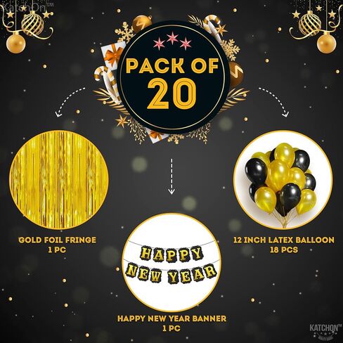 كاتش اون لافتة زينة بعبارة Happy New Year - عبوة من 20 قطعة، متينة | ستارة بشراشيب من رقائق معدنية ذهبية وبالونات لاتكس | رائعة لمستلزمات تزيين خلفية حفلات ليلة رأس السنة | ديكور المكتب المنزلي in Saudi Arabia