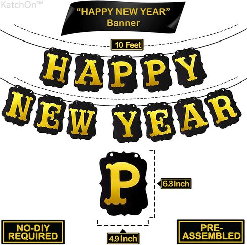 كاتش اون لافتة زينة بعبارة Happy New Year - عبوة من 20 قطعة، متينة | ستارة بشراشيب من رقائق معدنية ذهبية وبالونات لاتكس | رائعة لمستلزمات تزيين خلفية حفلات ليلة رأس السنة | ديكور المكتب المنزلي in Saudi Arabia