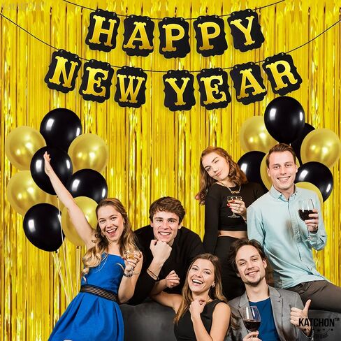 كاتش اون لافتة زينة بعبارة Happy New Year - عبوة من 20 قطعة، متينة | ستارة بشراشيب من رقائق معدنية ذهبية وبالونات لاتكس | رائعة لمستلزمات تزيين خلفية حفلات ليلة رأس السنة | ديكور المكتب المنزلي in Saudi Arabia
