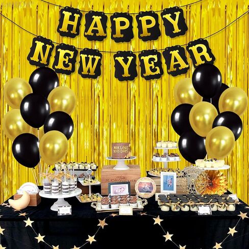 كاتش اون لافتة زينة بعبارة Happy New Year - عبوة من 20 قطعة، متينة | ستارة بشراشيب من رقائق معدنية ذهبية وبالونات لاتكس | رائعة لمستلزمات تزيين خلفية حفلات ليلة رأس السنة | ديكور المكتب المنزلي in Saudi Arabia