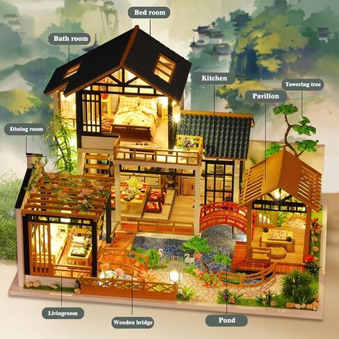 Yuzhen DIY بيت الدمى المصغر مع الأثاث وأضواء LED، بيت الدمى الخشبي ذو الطراز الآسيوي القديم يتضمن غطاء غبار وحركة موسيقية، ديكور منزلي رائع in Kuwait