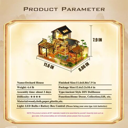 Yuzhen DIY بيت الدمى المصغر مع الأثاث وأضواء LED، بيت الدمى الخشبي ذو الطراز الآسيوي القديم يتضمن غطاء غبار وحركة موسيقية، ديكور منزلي رائع in Kuwait