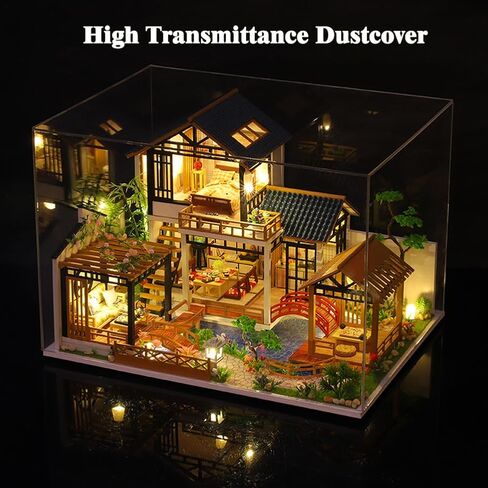 Yuzhen DIY بيت الدمى المصغر مع الأثاث وأضواء LED، بيت الدمى الخشبي ذو الطراز الآسيوي القديم يتضمن غطاء غبار وحركة موسيقية، ديكور منزلي رائع in Kuwait