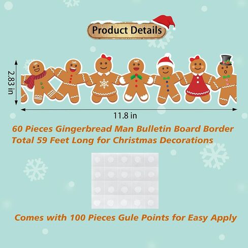 59 Ft Christmas Gingerbread Bulletin Board Border, Christmas Gingerbread Man Bulletin Board Border Trim Cutouts for Winter Christmas School Classroom Bulletin Board Decorations, 60PCS in Kuwait
