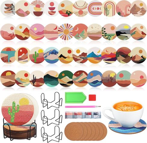 Uiifan 40 Pcs Diamond Painting Coasters Kits with Holder DIY Christmas Diamond Art Coasters Boho Landscape Style Diamond Coasters Kits Art Painting Kits for Adults Beginners Crafts Supplies in Kuwait