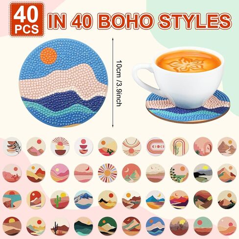 Uiifan 40 Pcs Diamond Painting Coasters Kits with Holder DIY Christmas Diamond Art Coasters Boho Landscape Style Diamond Coasters Kits Art Painting Kits for Adults Beginners Crafts Supplies in Kuwait
