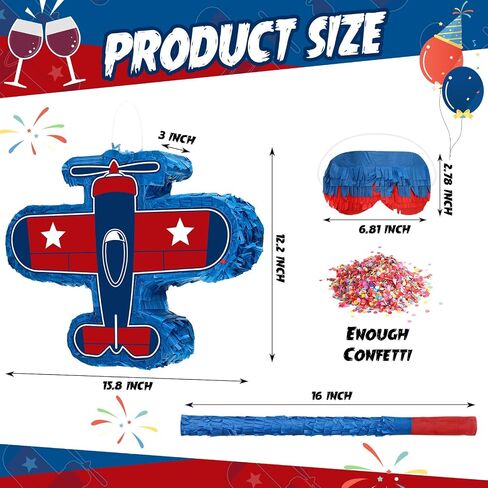 Jenaai Airplane Pinata 16 x 12 X 3 Inch Plane Pinata Bundle with Stick Blindfold and Confetti Airplane Themed Party Pinata Patriotic Airplane Pinata for Boys Girls Patriotic Birthday Party Game Favors in Saudi Arabia