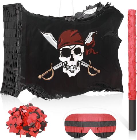Pirate Pinata Kit Skull Flag Pinata and Black Red Plastic Stick and Confetti Blindfold for Kids Pirate Theme Birthday Halloween Party Decoration Supplies, 16 x 11 x 3 Inch in Saudi Arabia