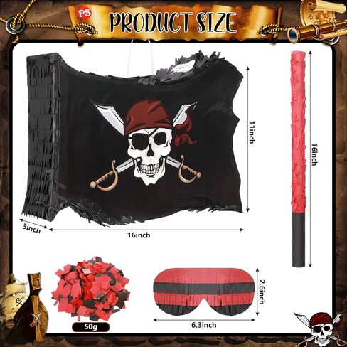 Pirate Pinata Kit Skull Flag Pinata and Black Red Plastic Stick and Confetti Blindfold for Kids Pirate Theme Birthday Halloween Party Decoration Supplies, 16 x 11 x 3 Inch in Saudi Arabia