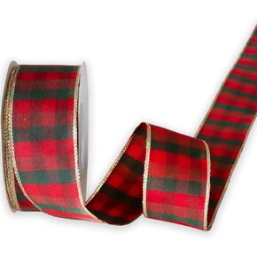 Wired Plaid Ribbon Red Green Check Ribbon with Gold Purl,1-1/2 Inch X 10 Meters,Christmas Ribbon for Big Bow, Christmas Wreath, Gift Wrapping