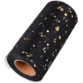 MILISTEN Mesh Ribbon Wide Whimsy Ribbons with Gold Star Moon Pattern DIY Craft Web Ribbon for Wrapping Home Wedding Christmas Cake Decoration 2280x15cm (Black)