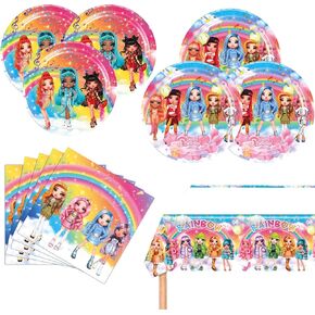 لوازم حفلات أعياد الميلاد العالية من قوس قزح، 20 طبقًا و20 منديلًا وغطاء طاولة واحد للفتيات من لوازم الحفلات ذات الدمى العالية من قوس قزح in Kuwait