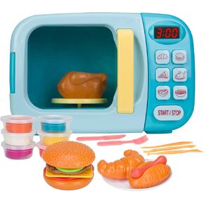 Microwave Kitchen Play Set with Light Sound for Kids with Pretend Fake Food and 6 Color DIY Play-Dough Clay Great for Toddlers 3 and Older Grils and Boys (Blue)