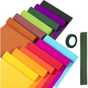12 Colors Crepe Paper Rolls, 10 x 98Inch Wide Crepe Paper Sheets with Floral Stem Wire and Green Floral Tapes for DIY Gift Wrapping Paper Crafts Birthday Wedding Holiday Paper Flower(Deep Colors)