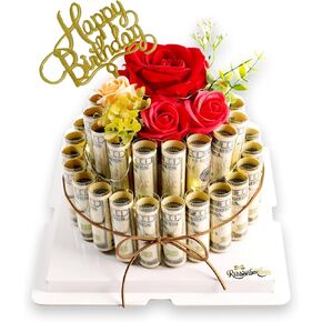 Flower Money Cake – Fake Cake Gift Box – Christmas, Birthday Gifts for Her and Him – Best Gift Ideas for Quinceanera, Sweet 16 Gifts for Girls – Surprise Money Box for Cash Gift Pull