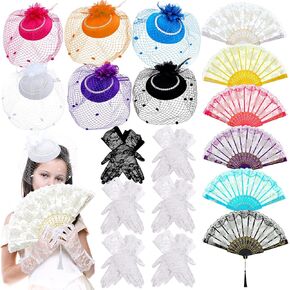 18 Pcs Tea Party Supplies Lets Partea Party Favor Decoration with Girls Tea Party Hats Tea Party Folding Fan Lace Gloves For Girl Kids Children Lets Partea Party Favors in Kuwait